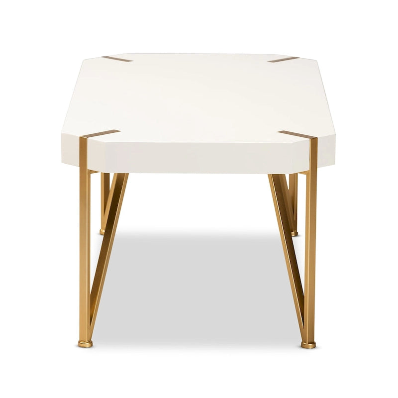 Kassa Glam Couchtisch aus gebürstetem Goldmetall und weiß lackiertem Holz