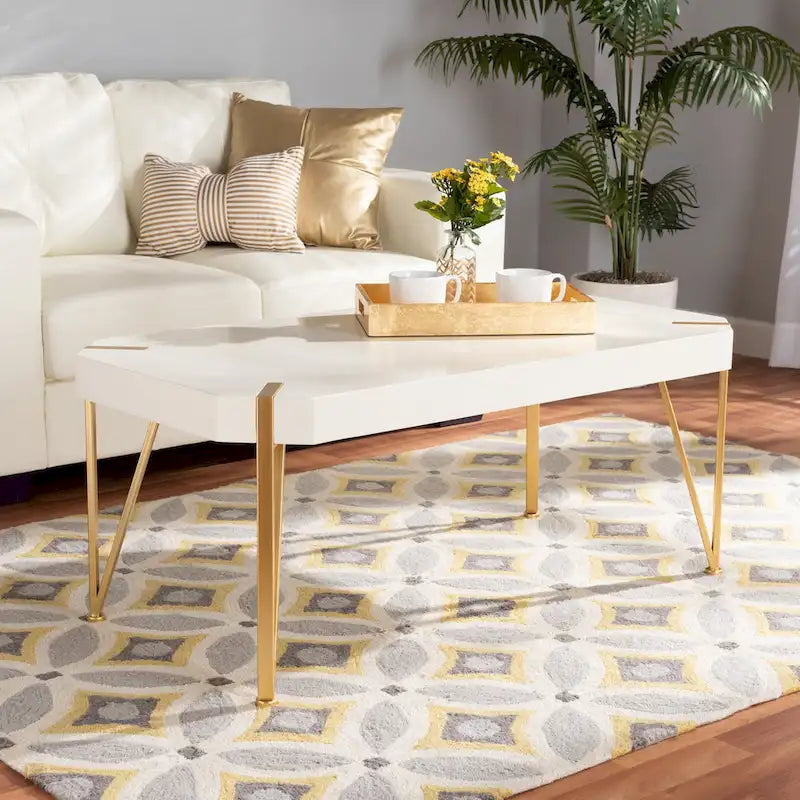 Kassa Glam Couchtisch aus gebürstetem Goldmetall und weiß lackiertem Holz