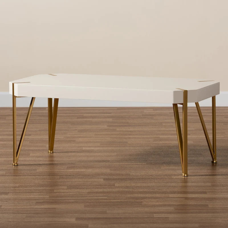 Kassa Glam Couchtisch aus gebürstetem Goldmetall und weiß lackiertem Holz