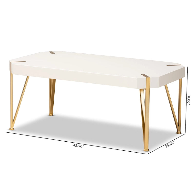 Kassa Glam Couchtisch aus gebürstetem Goldmetall und weiß lackiertem Holz