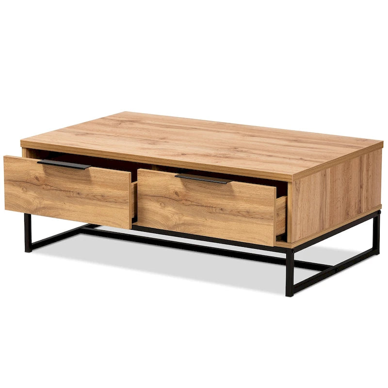 Franklin Couchtisch mit 2 Schubladen, Eiche dunkelbraun und schwarzes Metall