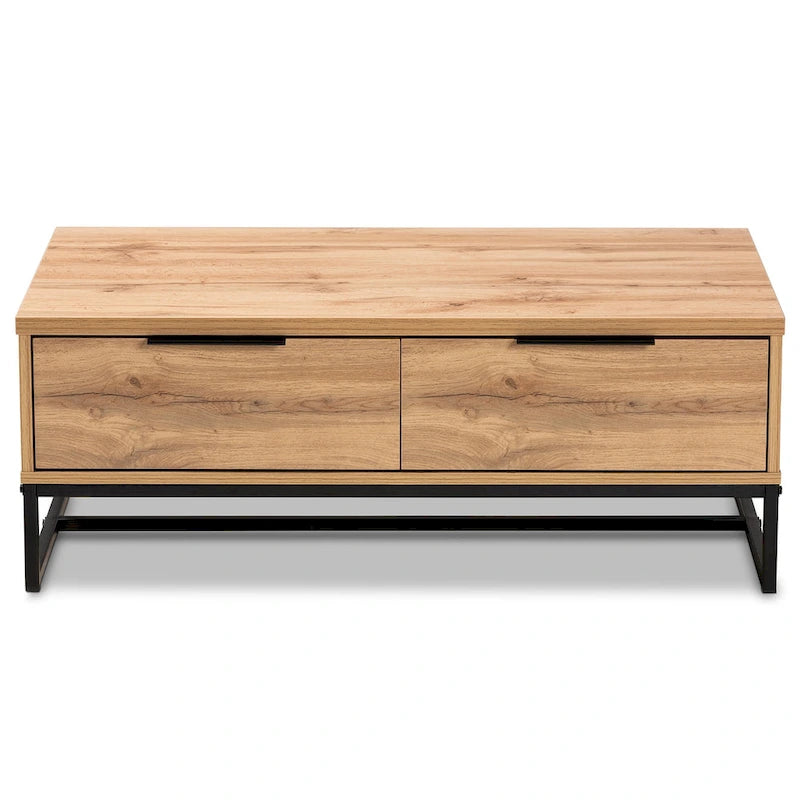 Franklin Couchtisch mit 2 Schubladen, Eiche dunkelbraun und schwarzes Metall
