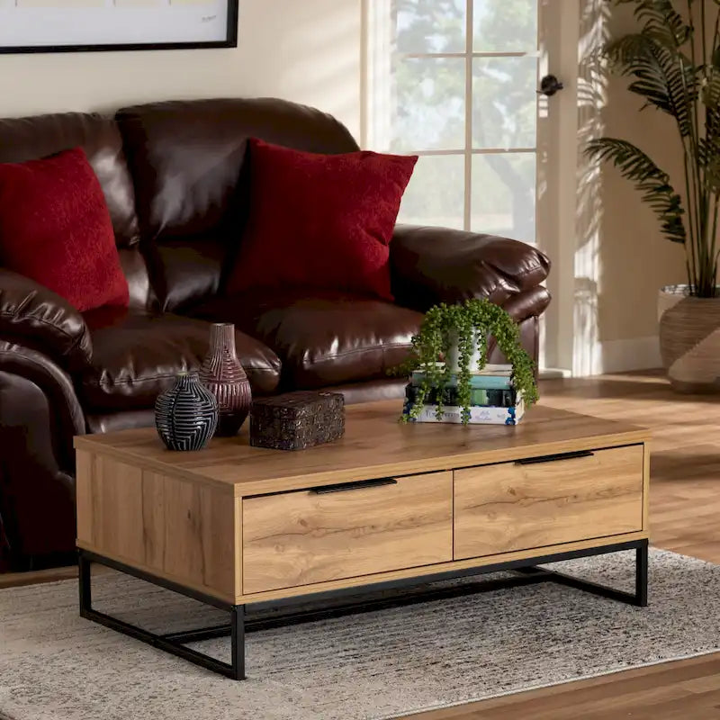 Franklin Couchtisch mit 2 Schubladen, Eiche dunkelbraun und schwarzes Metall