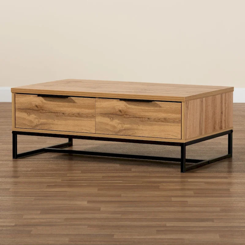 Franklin Couchtisch mit 2 Schubladen, Eiche dunkelbraun und schwarzes Metall