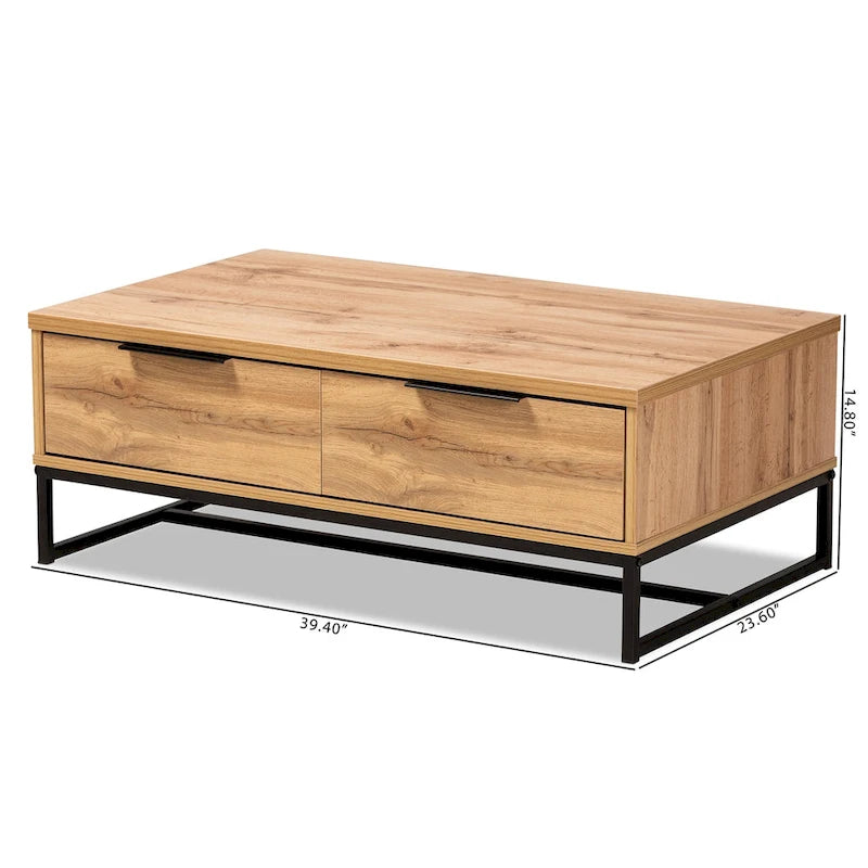 Franklin Couchtisch mit 2 Schubladen, Eiche dunkelbraun und schwarzes Metall