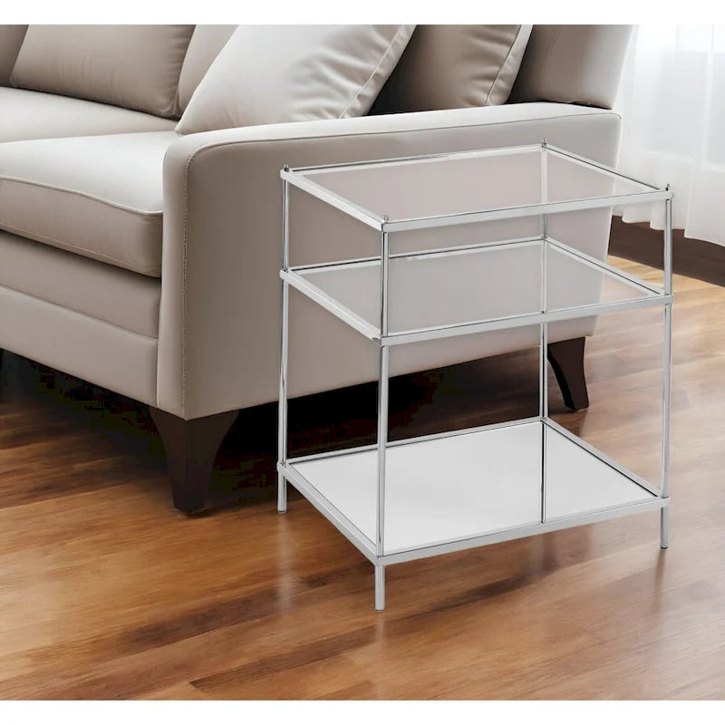 HomeRoots 27 Silber verspiegelter Glas- und Eisen-Beistelltisch mit Ablage – 22x18x26,75
