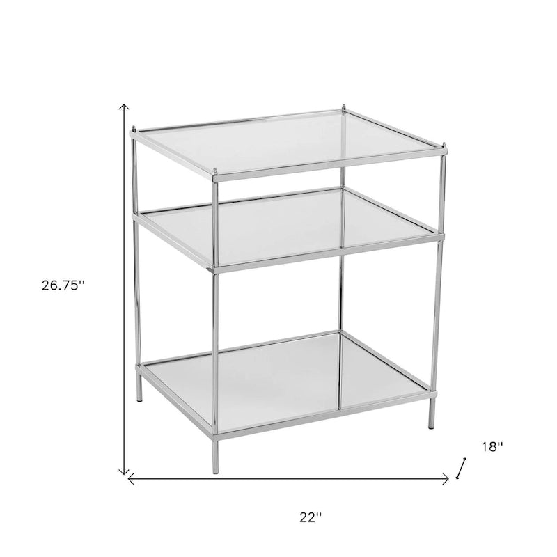 HomeRoots 27 Silber verspiegelter Glas- und Eisen-Beistelltisch mit Ablage – 22x18x26,75