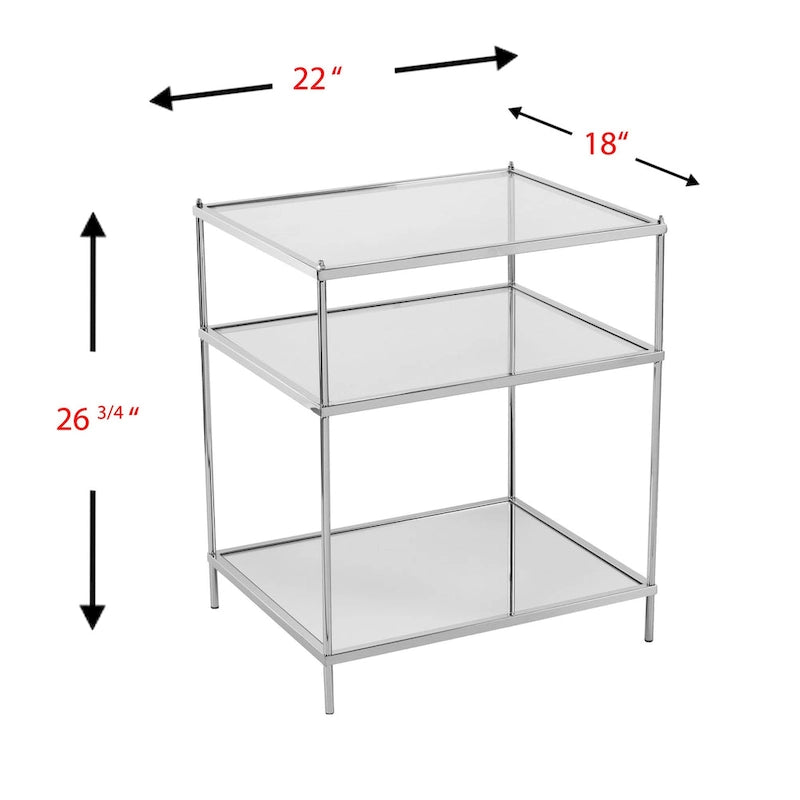 HomeRoots 27 Silber verspiegelter Glas- und Eisen-Beistelltisch mit Ablage – 22x18x26,75