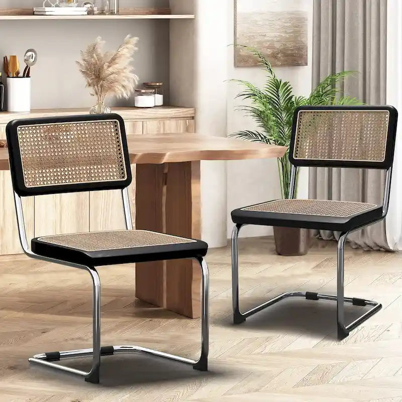 Esszimmerstühle 2er-Set, gepolsterte Küchenstühle aus Naturrattan, armlose Akzentstühle Beistellstühle
