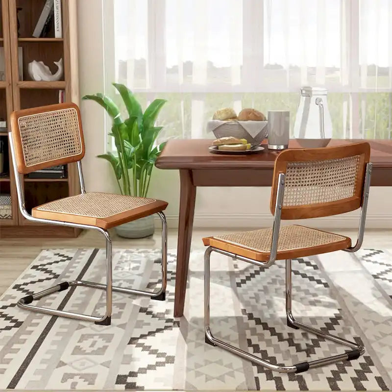 Esszimmerstühle 2er-Set, gepolsterte Küchenstühle aus Naturrattan, armlose Akzentstühle Beistellstühle