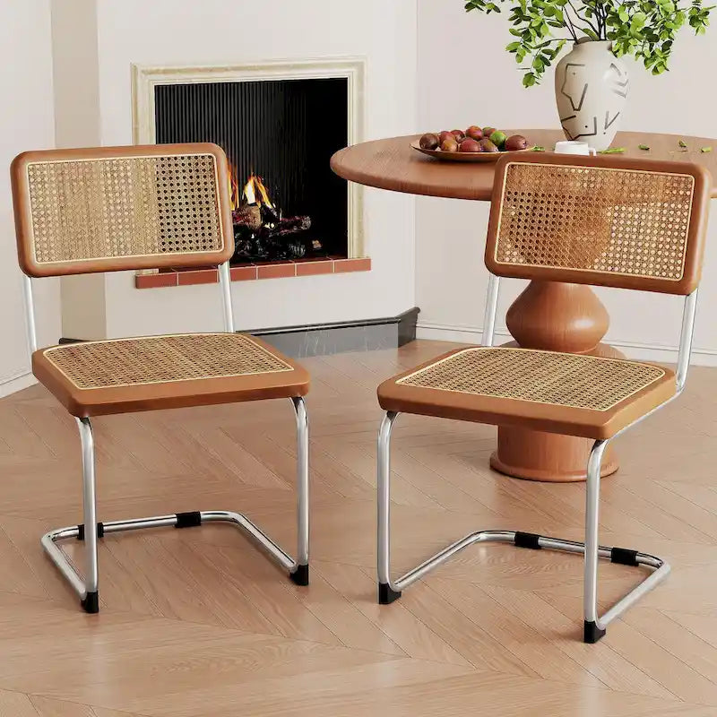Esszimmerstühle 2er-Set, gepolsterte Küchenstühle aus Naturrattan, armlose Akzentstühle Beistellstühle