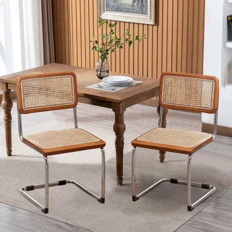 Esszimmerstühle 2er-Set, gepolsterte Küchenstühle aus Naturrattan, armlose Akzentstühle Beistellstühle