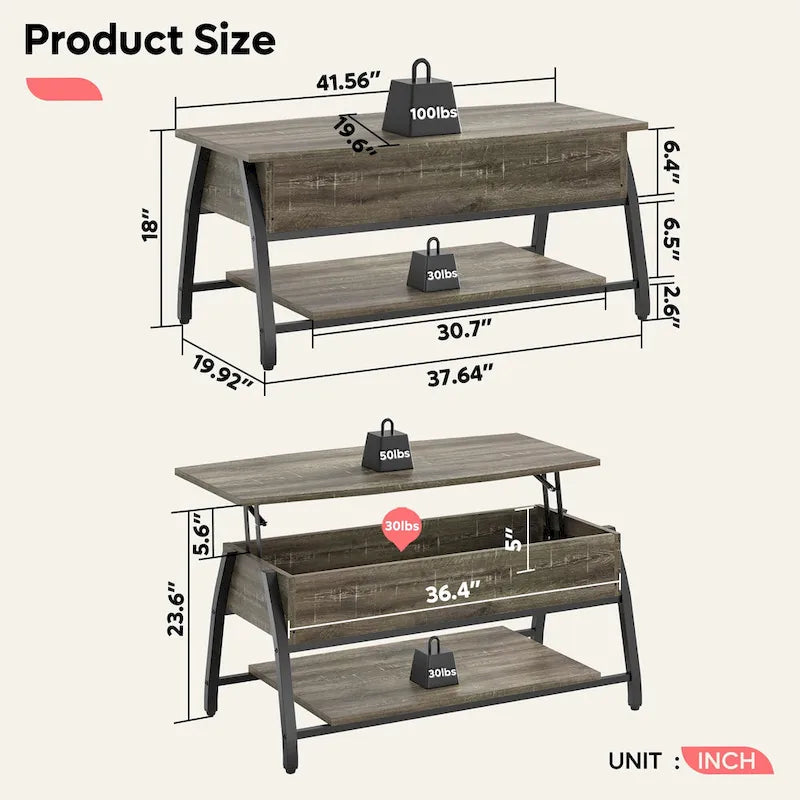 Couchtisch mit Hebeplatte, ovaler Holztisch mit versteckten Ablagefächern – 105,4 cm