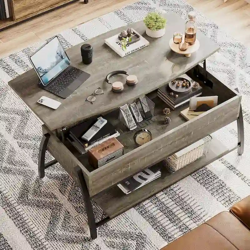 Couchtisch mit Hebeplatte, ovaler Holztisch mit versteckten Ablagefächern – 105,4 cm