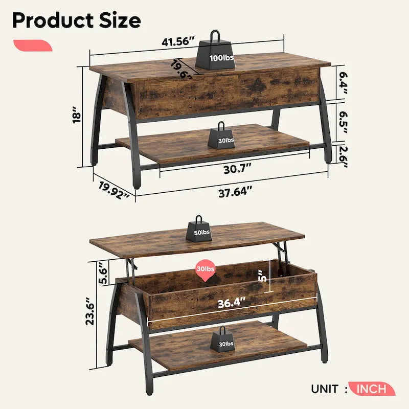 Couchtisch mit Hebeplatte, ovaler Holztisch mit versteckten Ablagefächern – 105,4 cm