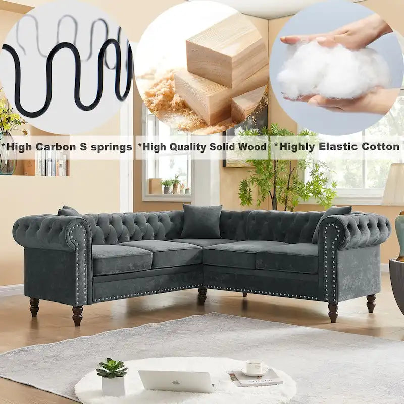 L-förmiges Sofa mit tief gehefteten Details und geschwungenen Armlehnen.
