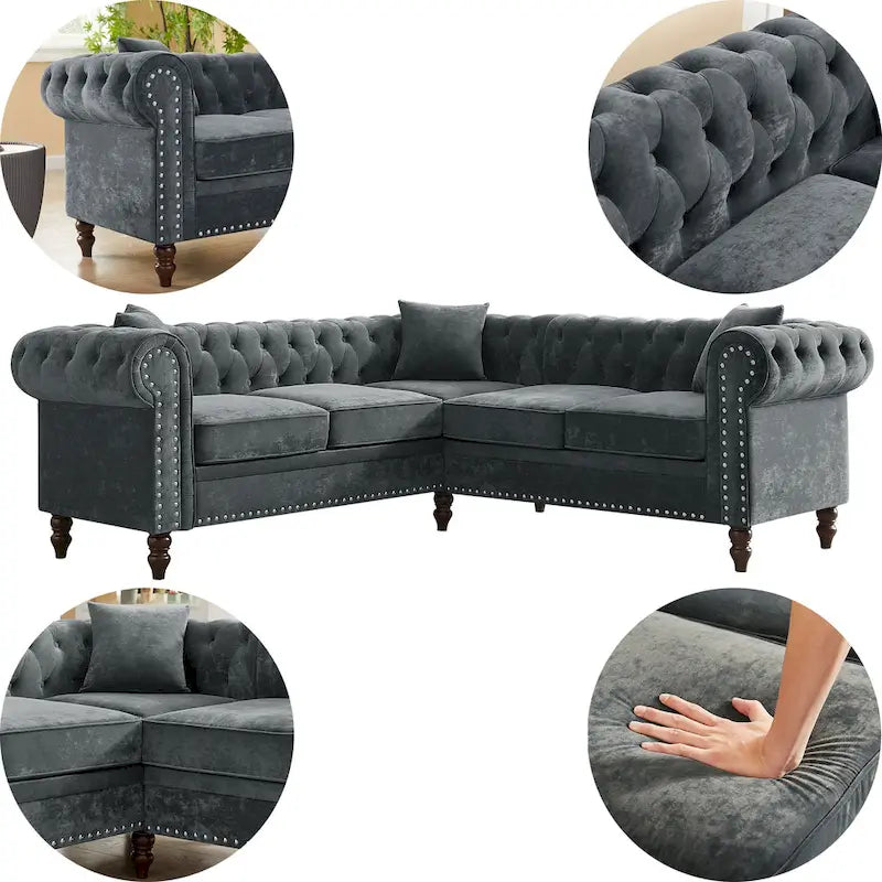L-förmiges Sofa mit tief gehefteten Details und geschwungenen Armlehnen.