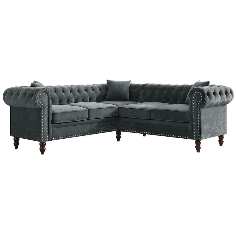 L-förmiges Sofa mit tief gehefteten Details und geschwungenen Armlehnen.