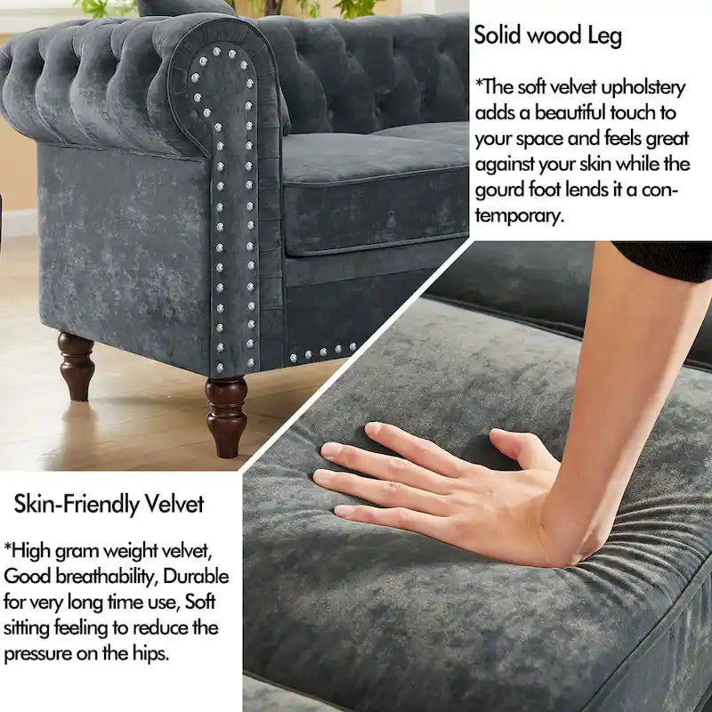 L-förmiges Sofa mit tief gehefteten Details und geschwungenen Armlehnen.