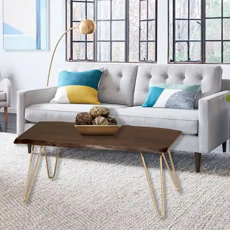 Carolina Living Seti Live Edge Couchtisch/Bank – Ulmenplatte – Goldfuß