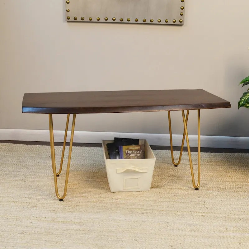 Carolina Living Seti Live Edge Couchtisch/Bank – Ulmenplatte – Goldfuß