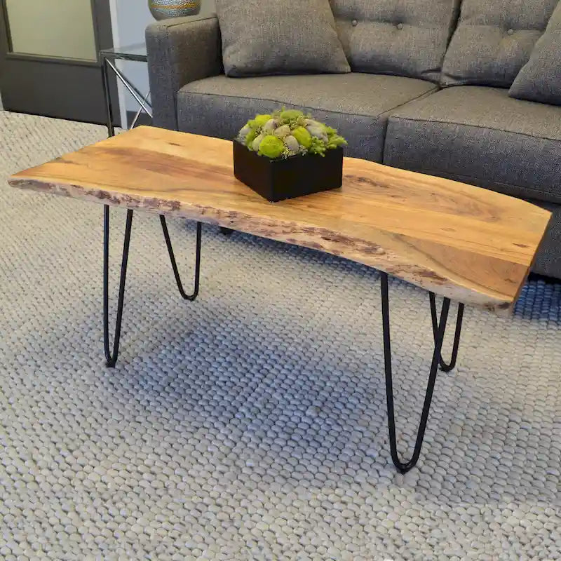 Carolina Living Seti Live Edge Couchtisch/Bank – Ulmenplatte – Goldfuß