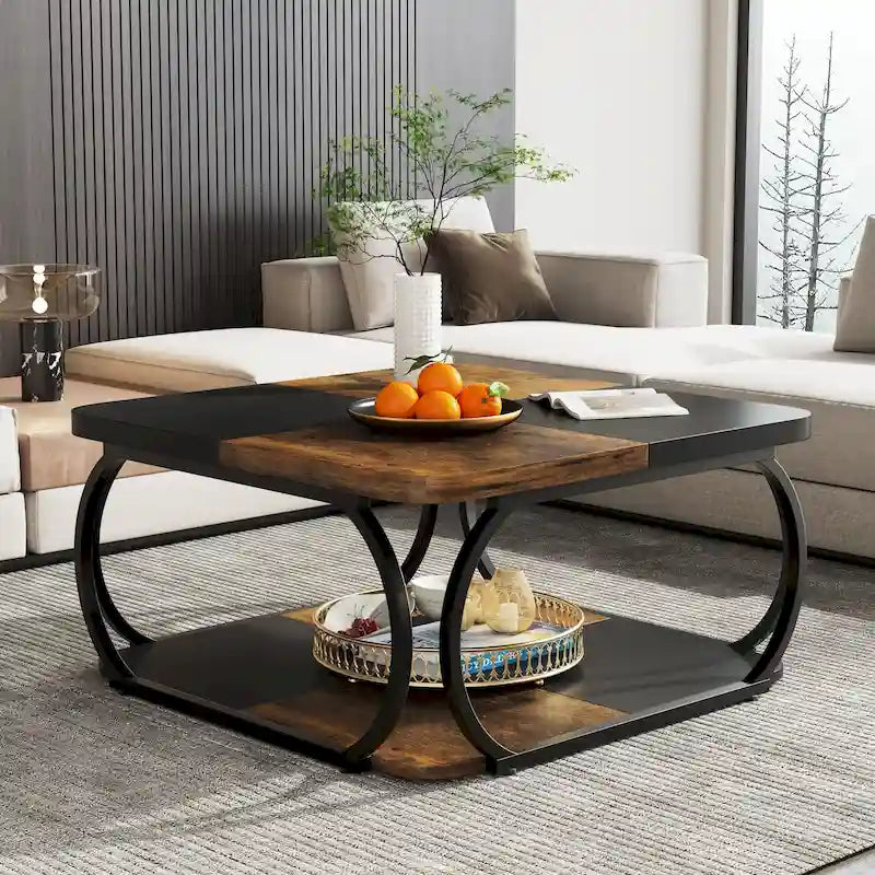 Quadratischer 2-stöckiger Couchtisch mit Ablagefach, 39 Zoll niedriger Couchtisch im Landhausstil aus Holz für modernes Wohnzimmer