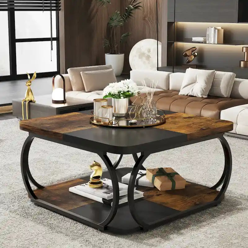 Quadratischer 2-stöckiger Couchtisch mit Ablagefach, 39 Zoll niedriger Couchtisch im Landhausstil aus Holz für modernes Wohnzimmer