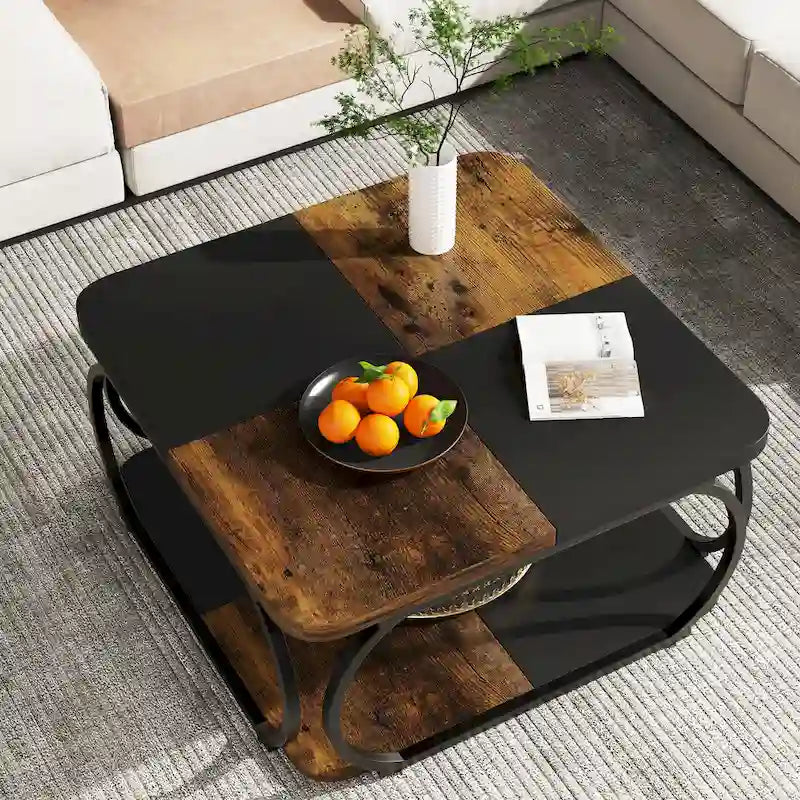 Quadratischer 2-stöckiger Couchtisch mit Ablagefach, 39 Zoll niedriger Couchtisch im Landhausstil aus Holz für modernes Wohnzimmer