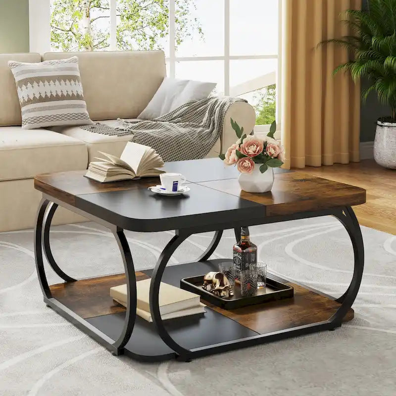 Quadratischer 2-stöckiger Couchtisch mit Ablagefach, 39 Zoll niedriger Couchtisch im Landhausstil aus Holz für modernes Wohnzimmer