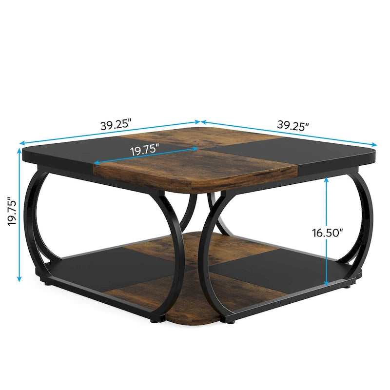Quadratischer 2-stöckiger Couchtisch mit Ablagefach, 39 Zoll niedriger Couchtisch im Landhausstil aus Holz für modernes Wohnzimmer