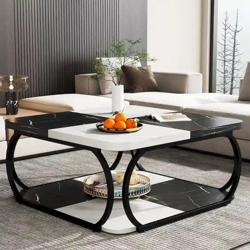 Quadratischer 2-stöckiger Couchtisch mit Ablagefach, 39 Zoll niedriger Couchtisch im Landhausstil aus Holz für modernes Wohnzimmer