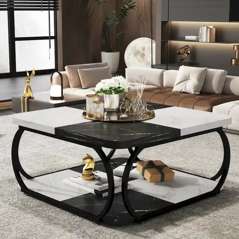 Quadratischer 2-stöckiger Couchtisch mit Ablagefach, 39 Zoll niedriger Couchtisch im Landhausstil aus Holz für modernes Wohnzimmer
