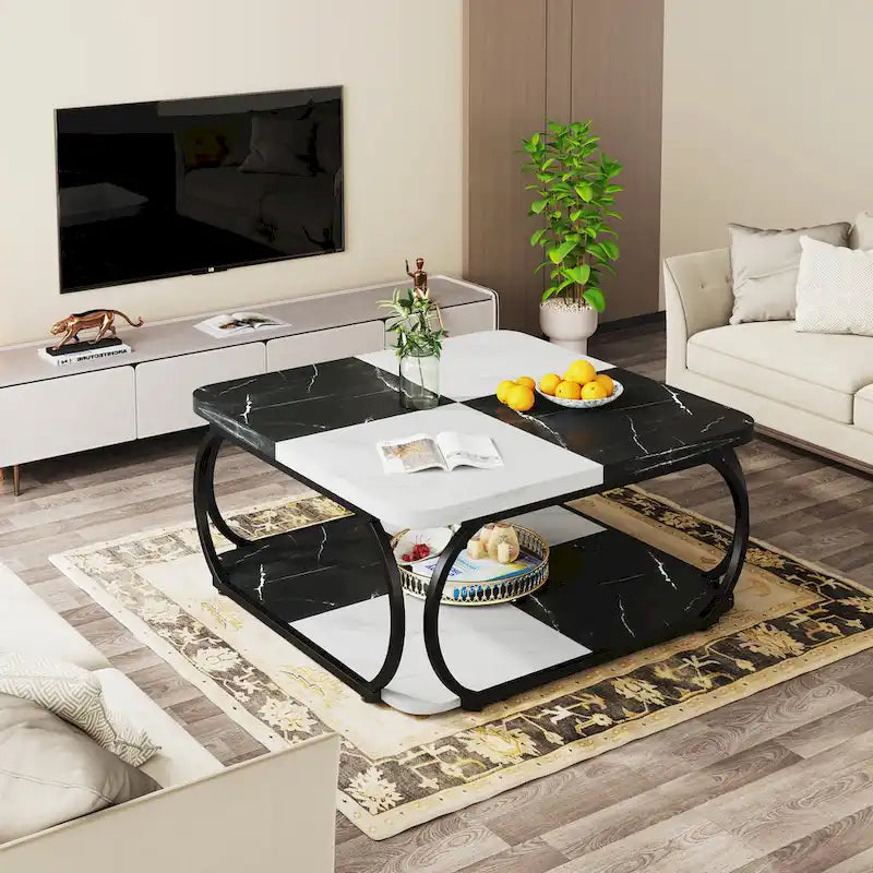 Quadratischer 2-stöckiger Couchtisch mit Ablagefach, 39 Zoll niedriger Couchtisch im Landhausstil aus Holz für modernes Wohnzimmer