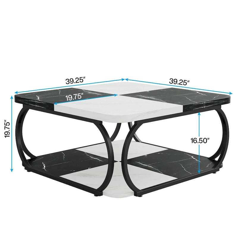 Quadratischer 2-stöckiger Couchtisch mit Ablagefach, 39 Zoll niedriger Couchtisch im Landhausstil aus Holz für modernes Wohnzimmer