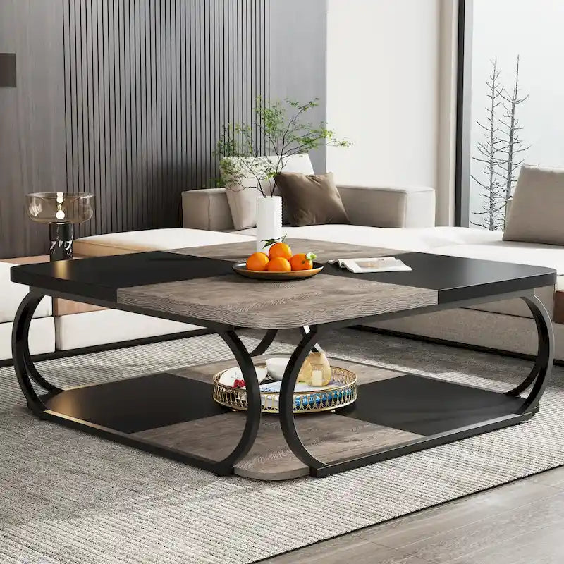 Quadratischer 2-stöckiger Couchtisch mit Ablagefach, 39 Zoll niedriger Couchtisch im Landhausstil aus Holz für modernes Wohnzimmer