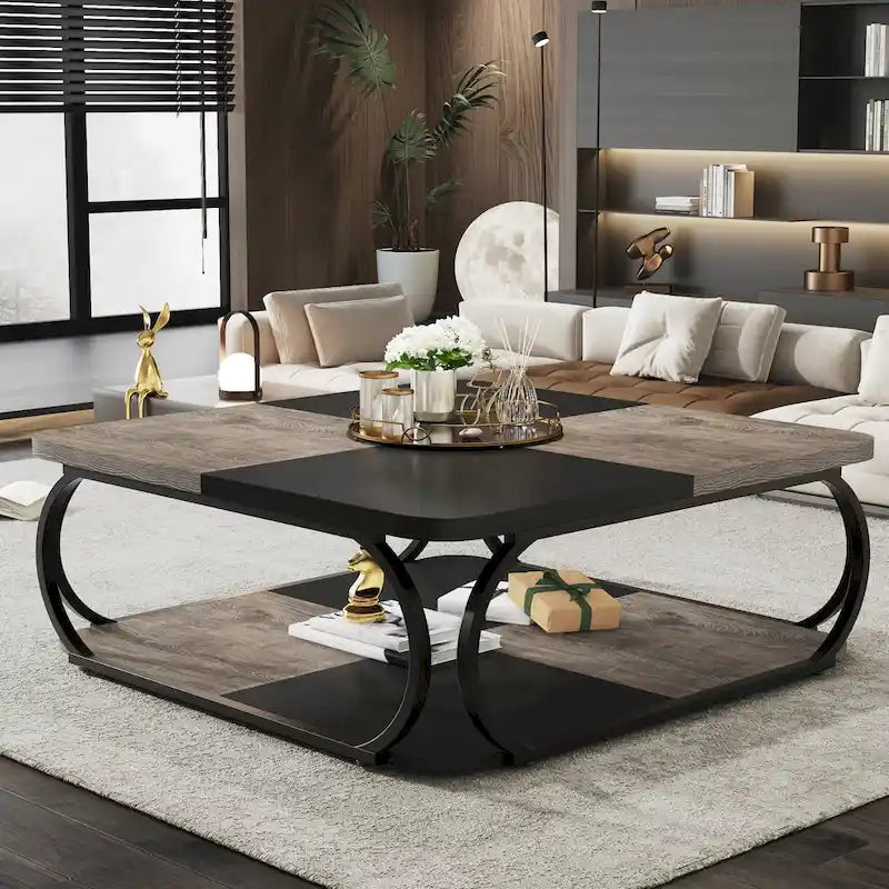 Quadratischer 2-stöckiger Couchtisch mit Ablagefach, 39 Zoll niedriger Couchtisch im Landhausstil aus Holz für modernes Wohnzimmer