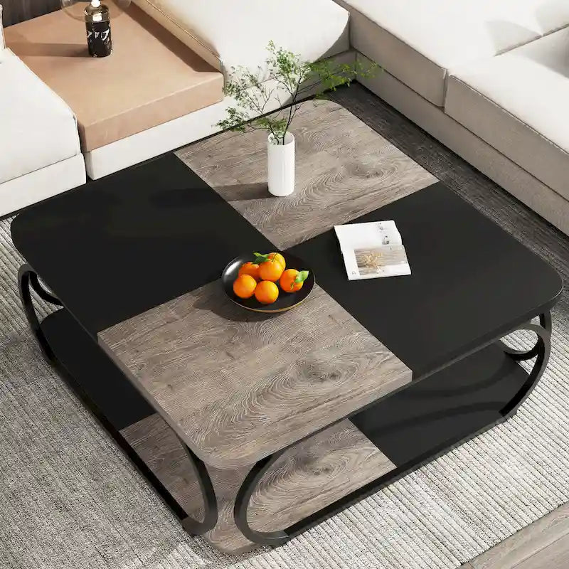 Quadratischer 2-stöckiger Couchtisch mit Ablagefach, 39 Zoll niedriger Couchtisch im Landhausstil aus Holz für modernes Wohnzimmer