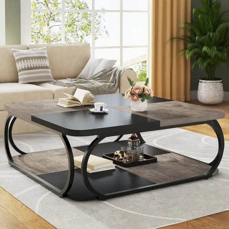 Quadratischer 2-stöckiger Couchtisch mit Ablagefach, 39 Zoll niedriger Couchtisch im Landhausstil aus Holz für modernes Wohnzimmer