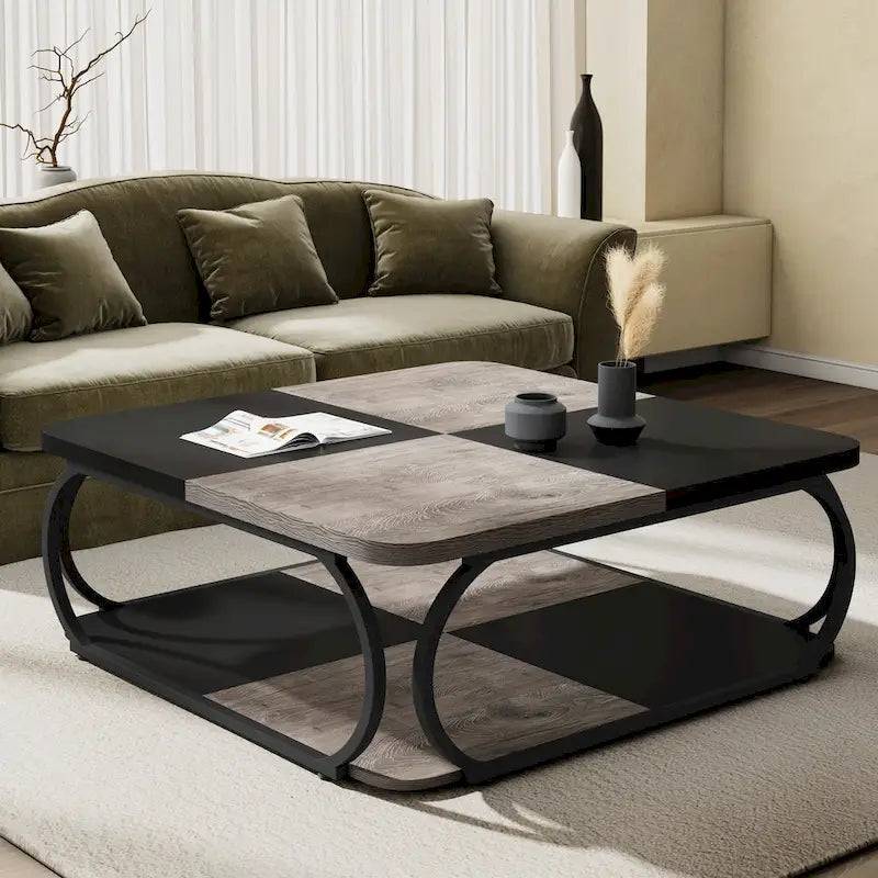 Quadratischer 2-stöckiger Couchtisch mit Ablagefach, 39 Zoll niedriger Couchtisch im Landhausstil aus Holz für modernes Wohnzimmer