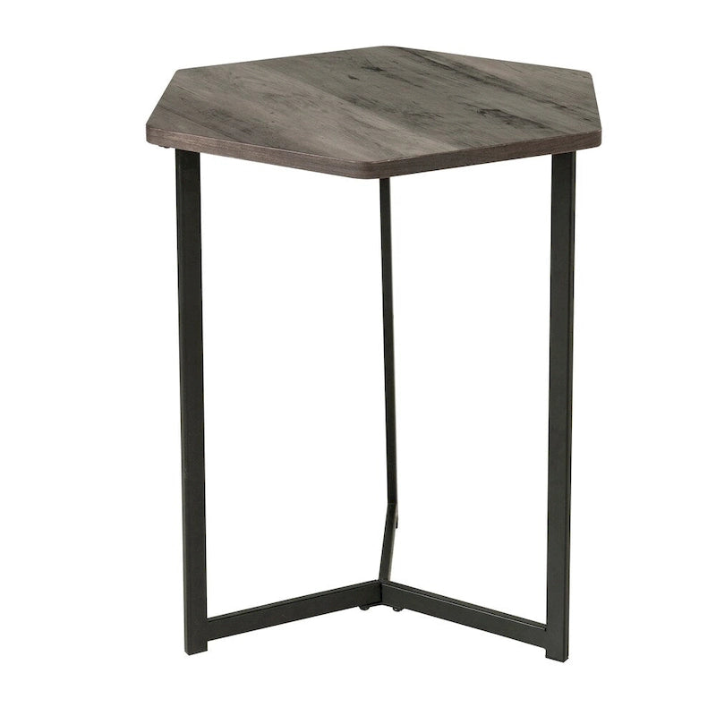Beistelltisch aus dunklem Holz mit sechseckiger Tischplatte und Metallsockel