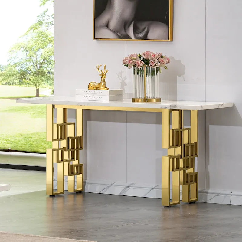 Moderner Konsolentisch 140 cm Sofatisch mit Hochglanzplatte und verspiegeltem Metallgestell für Eingangsbereich Wohnzimmer