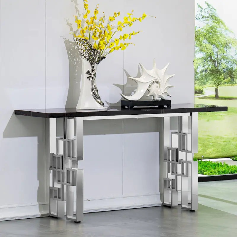 Moderner Konsolentisch 140 cm Sofatisch mit Hochglanzplatte und verspiegeltem Metallgestell für Eingangsbereich Wohnzimmer