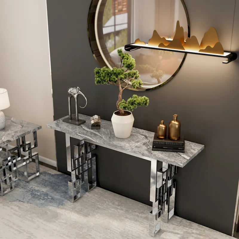 Moderner Konsolentisch 140 cm Sofatisch mit Hochglanzplatte und verspiegeltem Metallgestell für Eingangsbereich Wohnzimmer