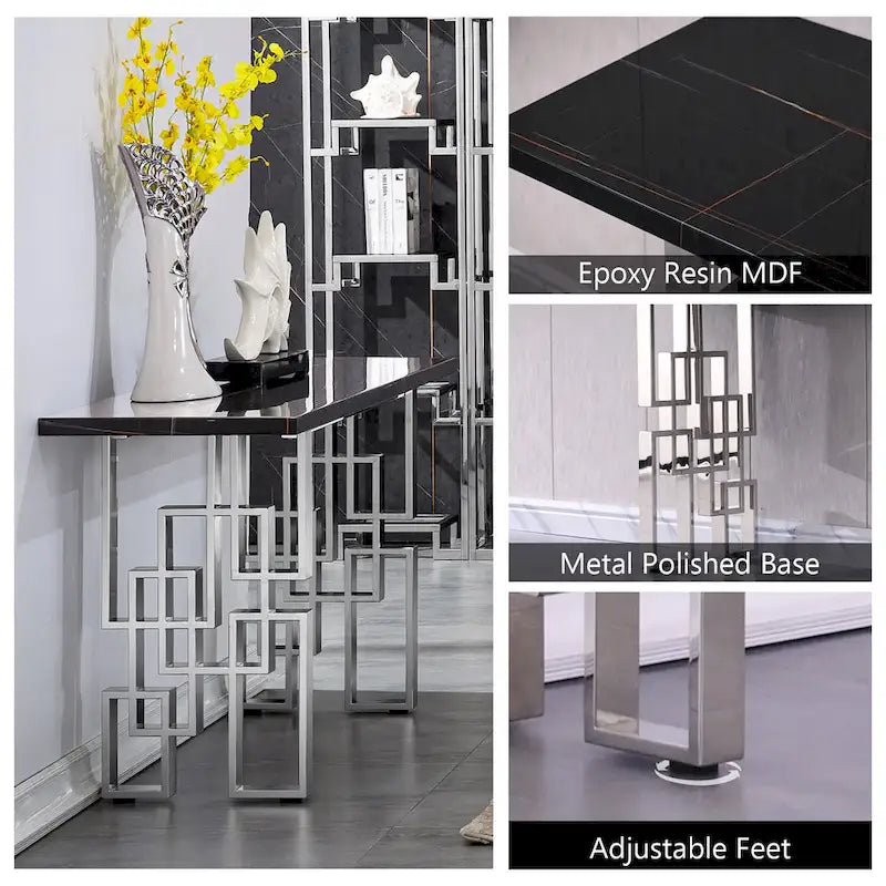 Moderner Konsolentisch 140 cm Sofatisch mit Hochglanzplatte und verspiegeltem Metallgestell für Eingangsbereich Wohnzimmer