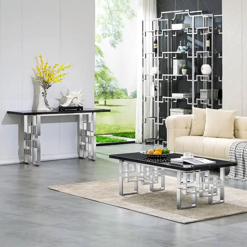 Moderner Konsolentisch 140 cm Sofatisch mit Hochglanzplatte und verspiegeltem Metallgestell für Eingangsbereich Wohnzimmer