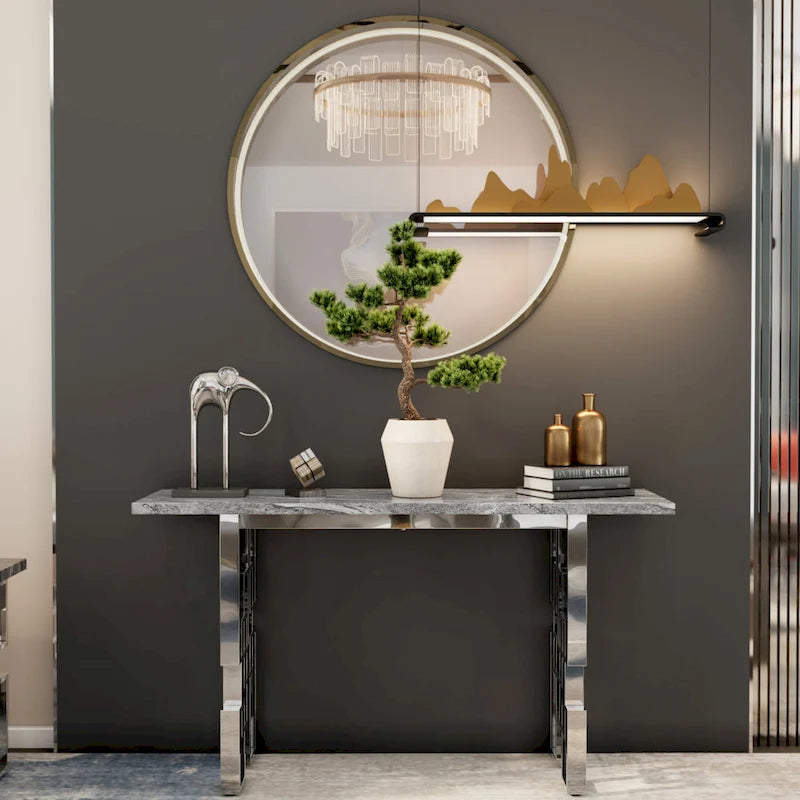Moderner Konsolentisch 140 cm Sofatisch mit Hochglanzplatte und verspiegeltem Metallgestell für Eingangsbereich Wohnzimmer