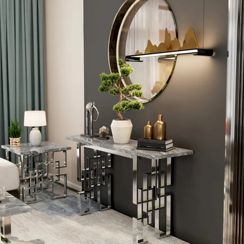 Moderner Konsolentisch 140 cm Sofatisch mit Hochglanzplatte und verspiegeltem Metallgestell für Eingangsbereich Wohnzimmer