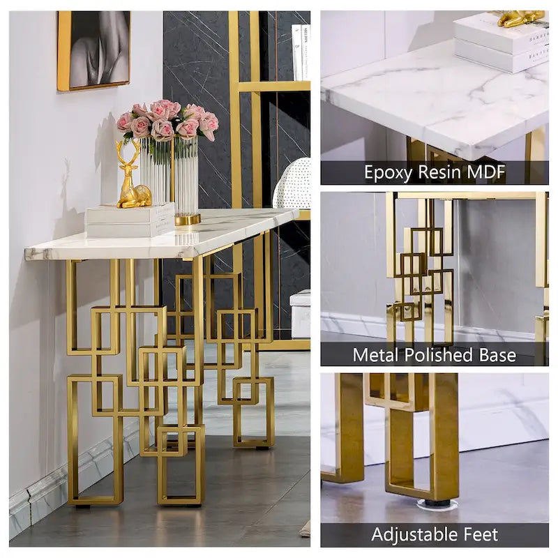 Moderner Konsolentisch 140 cm Sofatisch mit Hochglanzplatte und verspiegeltem Metallgestell für Eingangsbereich Wohnzimmer