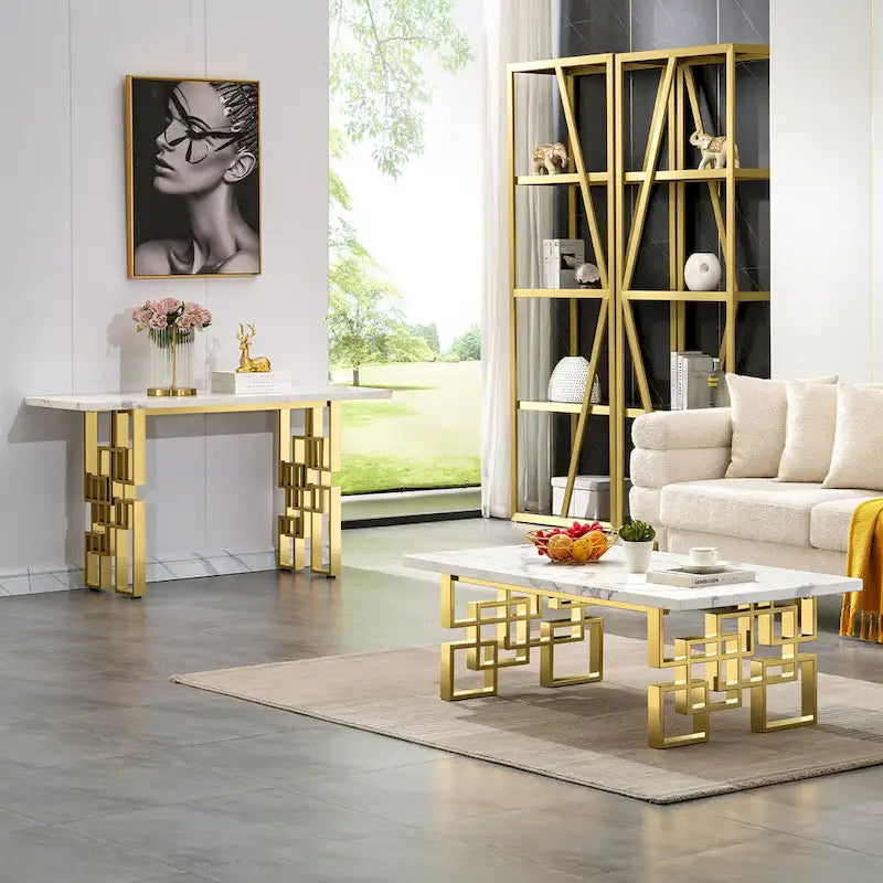 Moderner Konsolentisch 140 cm Sofatisch mit Hochglanzplatte und verspiegeltem Metallgestell für Eingangsbereich Wohnzimmer